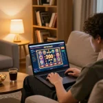 Engaged in slot bet 200 perak, a player enjoys online gaming in a cozy home setup.