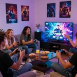 Friends enjoying popular porn games online in a cozy gaming room with vibrant atmosphere.