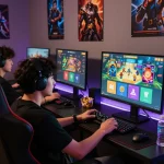 Engaged gamer plays tải go88 on high-resolution monitor with vibrant graphics, showcasing a thrilling gaming experience in a cozy setup.
