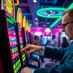 Menggambarkan suasana situs slot777 dengan pemain fokus pada mesin slot yang berwarna cerah.