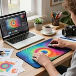 Designer customizing a colorful 3D mouse pad with wrist support in a creative workspace.