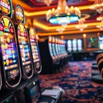 Experience the thrill of pg slot games with vibrant slot machines and poker chips in a lively casino setting.