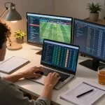 Person analyzing betting odds on https://nddo.org from their cozy home gaming setup, emphasizing online sports betting