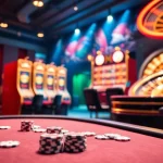 Experience the excitement at SHBET's online casino featuring a vibrant poker table and slot machines.