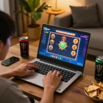 Player engaging in a slot gacor thailand game on a laptop, cozy home atmosphere.