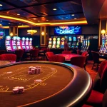 Scène excitante d'un site de casino en ligne avec des tables de poker et des machines à sous vibrantes.