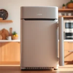 Showcase an affordable mini fridge and freezer in a modern kitchen, highlighting its sleek design.