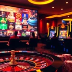 Une scène vibrante présentant un site de casino en ligne luxueux avec roulette, jetons de poker et machines à sous.