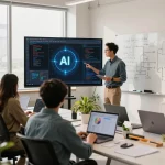 Engaging AI development scene showcasing innovative teamwork and technology with ia +18 themes.