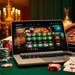 Expérience engageante de site de casino en ligne avec des jetons de poker, des cartes et une roulette.