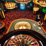 Une scène vibrante d'un environnement de casino luxueux illustrant le site de casino en ligne avec des tables de poker et des roulettes.