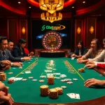 Engaging gtatogel players at a high-stakes poker table in a luxurious casino atmosphere.