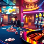 Des joueurs sur un site de casino en ligne virtuel participent à une partie de poker passionnante avec des jetons colorés.