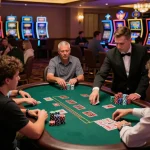The excitement of players at a blackjack table at tg 88 casino, showcasing chips and intensity.
