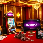 IDNSLOT gaming area featuring vibrant slot machines and poker tables, capturing excitement and luxury.