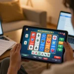 Engaging player exploring mahjong slot game on tablet in cozy home setting