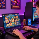 Suasana permainan yang menarik dengan seseorang bermain slot online link gacor, grafis yang cerah, dan makanan ringan.