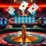 Ressentez l'excitation d'un site de casino en ligne avec une élégante table de roulette, des jetons de poker vibrants et des cartes flottantes.