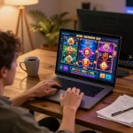 Engaged in gameplay at a lista casino online non aams, a user interacts with vibrant slot games on a laptop.