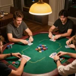Players enjoying an engaging poker game at home featuring 7m strategy insights and colorful chips.