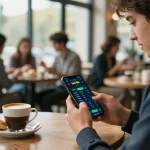Engage with bet789 app for live sports betting at a café, enjoying coffee and pastries.