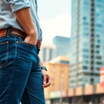 Model showcasing mens slim fit jeans with urban backdrop, highlighting fit and style.