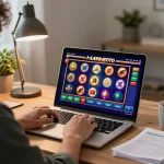 Player strategizing while spinning reels on link hargatoto online slots at home