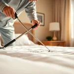 Implement affordable bed bug control with a pest technician visibly treating a peaceful bedroom.