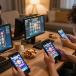 Players celebrating winning spins with link gacor on their mobile devices in a cozy setting