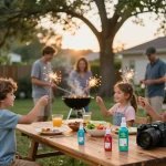Family enjoying a backyard barbecue with mosquito repellent products visible, highlighting outdoor safety.