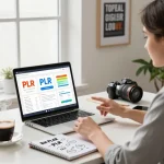Buy PLR Digital Products in a modern e-commerce workspace with analytics and creative planning elements.
