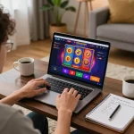 Player explores slot gacor options on laptop, showcasing online casino gaming in a cozy setting