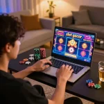 Engaging gameplay of slot gacor on a laptop in a cozy home setting with vibrant colors