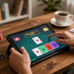 Engaging gameplay on tablet showcasing Rtp Dewapoker strategies in a cozy home environment.