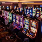 Celebrating a win on a link slot machine amidst vibrant casino atmosphere