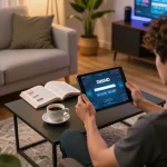 Pengaturan login Dasi4d dengan pemain fokus pada tablet permainan online dalam suasana yang nyaman.
