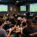 Fans engaging in real-time sports betting at 7m venue with screens displaying live matches