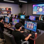 Engaged players enjoying Zeus138 slot games in a vibrant gaming lounge with dynamic screens.