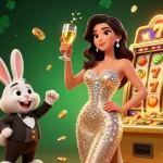 Talk to strangers while enjoying vibrant casino energy, featuring a woman toasting beside a jackpot machine.