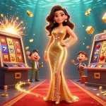 Experience thrilling online casinos with a glamorous woman, golden camera, and slot machine explosion of excitement.