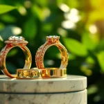 Luxury rings shining brightly, elegantly displayed on a marbled pedestal surrounded by nature.