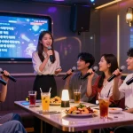 Exciting 인천쓰리노 nightlife scene with friends singing karaoke in a stylish private room, showcasing vibrant atmosphere and modern entertainment.