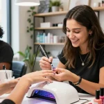 Aplicarea ojei semipermanente într-un salon modern cu culori vibrante și unelte profesionale.