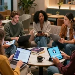 Individuals discussing AI sex technology in a modern lounge, showcasing engaging interactions and digital devices.