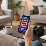 Engaged player using their smartphone on situs slot app in a cozy home setting