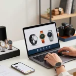 Elegant shopping scene showcasing 시계 레플리카 on a stylish desk, with a professional browsing online, capturing luxury and lifestyle.