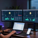 Automated bitcoin mining setup with multiple screens displaying cryptocurrency analysis and statistics, professional workspace emphasizing innovation and security in the fintech environment.