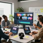 Team collaborating on AI video production using seedance 2.0 in a modern workspace.