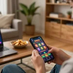Engaging with slot888 gameplay on a smartphone in a cozy home setting with vibrant graphics