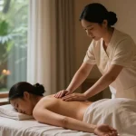 Relaxing 스웨디시 massage scene in a tranquil spa environment with a skilled therapist and aromatic candles.